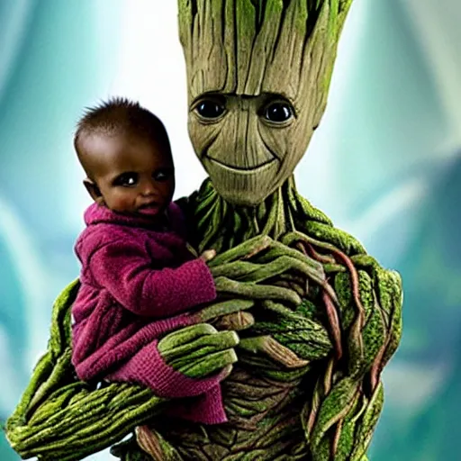 Image similar to adult Groot holding baby Groot,
