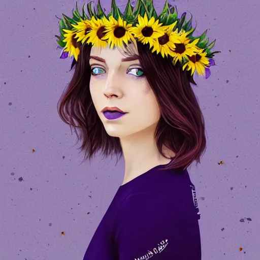 Image similar to a beautiful stunning matte digital portrait illustration of a blue-eyed woman with freckles and violet hair wearing a yellow sunflower crown, in the style of Ross Tran, art nouveau, trending on artstation, contest winner