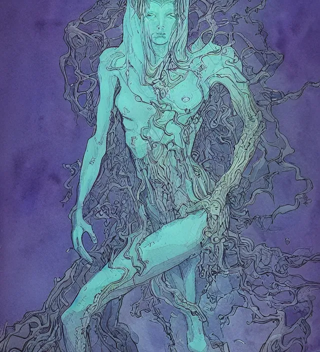 Prompt: a watercolor ink painting of the primordial eldritch goddess of fear and insanity in her natural domain in the style of jean giraud in the style of moebius trending on artstation deviantart pinterest detailed realistic hd 8 k high resolution