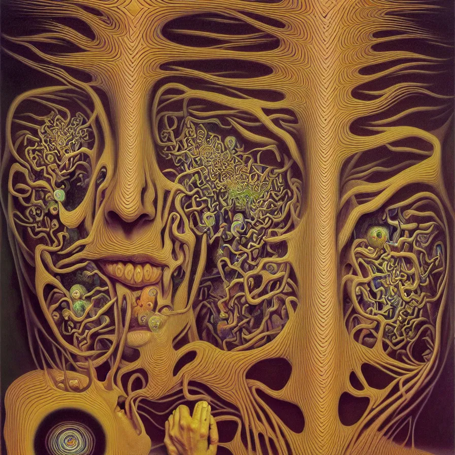 Image similar to infinite fractals forming a human face, recursion, surreal, by salvador dali and mc escher and max ernst and alex grey, oil on canvas, weird, dreams, fantasy, intricate details, soft lighting, warm colors