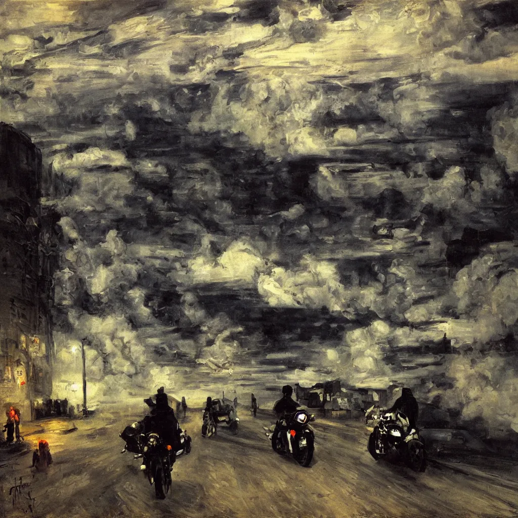 Image similar to a city in the clouds, one raised road leaving the city curving towards viewer, a motorcycle, man wearing leather jacket and black helmet, oil painting, style of george bellows