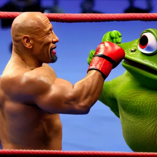 Image similar to dwayne johnson and pepe the frog wrestling in arena, dwayne johnson fighting the frog in a boxing ring, toad, dynamic composition, very detailed photography award winning, 8 k