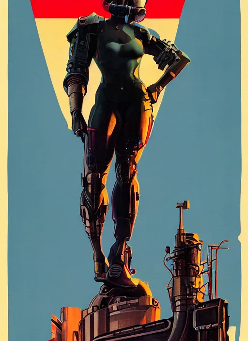 Image similar to american propaganda poster art. powerful cyberpunk pilot. portrait by jean giraud and anton otto fischer and john philip falter and will eisner and gil elvgren and pixar. full body. realistic proportions. science fiction d & d. overwatch, rb 6 s, cyberpunk 2 0 7 7, blade runner 2 0 4 9 concept art. cel shading. thick lines.