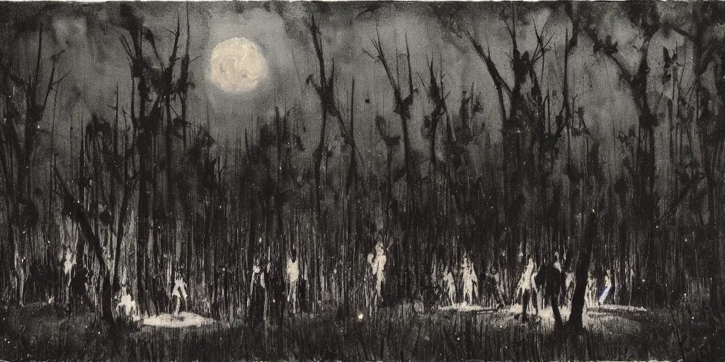 Prompt: forest mystical ceremony under the moon light, fireflies, ominous sky, by jeffrey catherine jones