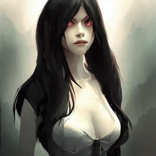 Image similar to female human vampire witch in the style of greg rutkowski, makoto shinkai, trending on artstation, character design, concept art, pretty face, highly detailed, long black hair, portrait, digital art