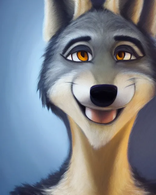 Image similar to oil painting of anthromorphic female wolf, in style of zootopia, female fursona, furry, furaffinity, 4 k, deviantart, furry art, fursona art, wearing black business suit, business suit, wolf fursona, female, very expressive detailed feminine face,