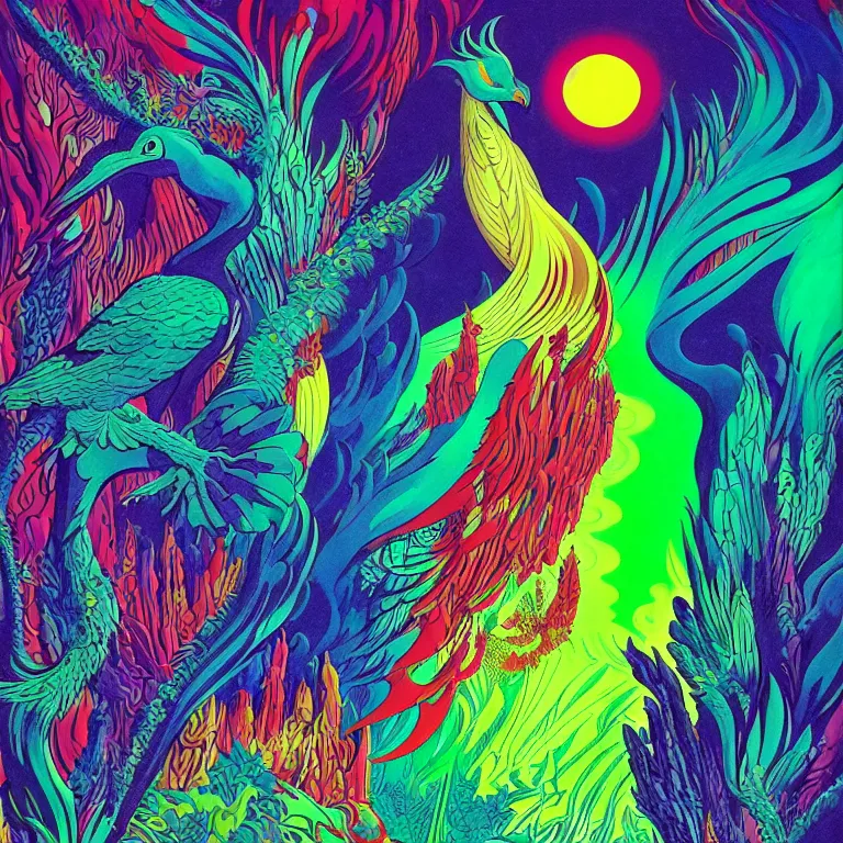 Prompt: mythical bird over infinite fractal volcanoes bright neon colors highly detailed cinematic eyvind earle tim white philippe druillet roger dean lisa frank aubrey beardsley hiroo isono