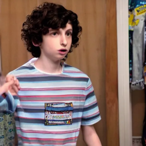 Prompt: finn wolfhard as richie tozier wearing a shirt that says yeet