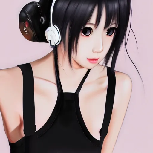 Image similar to realistic detailed semirealism beautiful gorgeous natural cute excited happy Blackpink Lalisa Manoban black hair black cat ears, wearing white camisole outfit, headphones, black leather choker artwork drawn full HD 4K high resolution quality artstyle professional artists WLOP, Aztodio, Taejune Kim, Guweiz, Pixiv, Instagram, Artstation