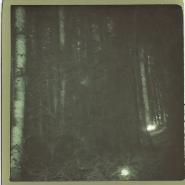 Prompt: a found polaroid photograph of a hideous monster in the woods taken at night, scary, frightening, polaroid horror