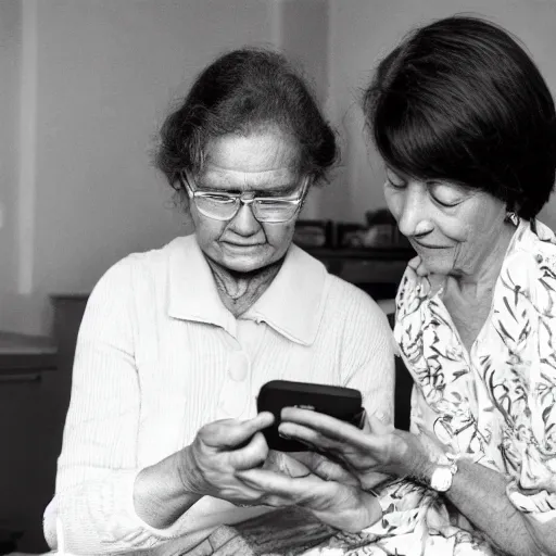 Image similar to a woman showing her mother how ai works, professional photo, 3 5 mm