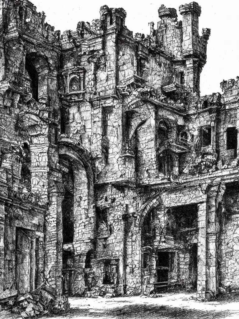 Image similar to A pen drawing of a dilapidated ancient castle building in the wood, by Juan Francisco Casas, high detailed