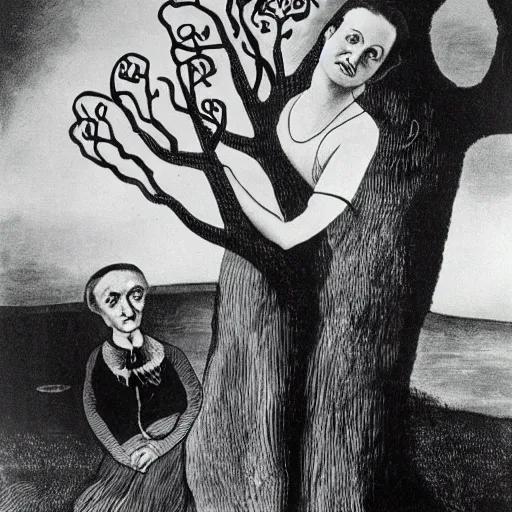 Image similar to Marie Curie hugging a tree by Salvador Dalí