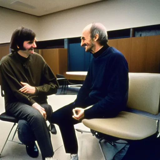 Image similar to photograph douglas adams discussing happier times with steve jobs on campus 1 9 8 8, healthy, douglas adams, in thomas ruff style, 3 5 mm ektachrome