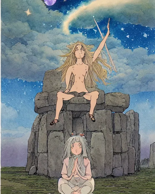 Image similar to a hyperrealist studio ghibli watercolor fantasy concept art of a giant long haired grey witch in lotus position sitting on top of stonehenge with a starry sky in the background. a ufo is in the sky. by rebecca guay, michael kaluta, charles vess