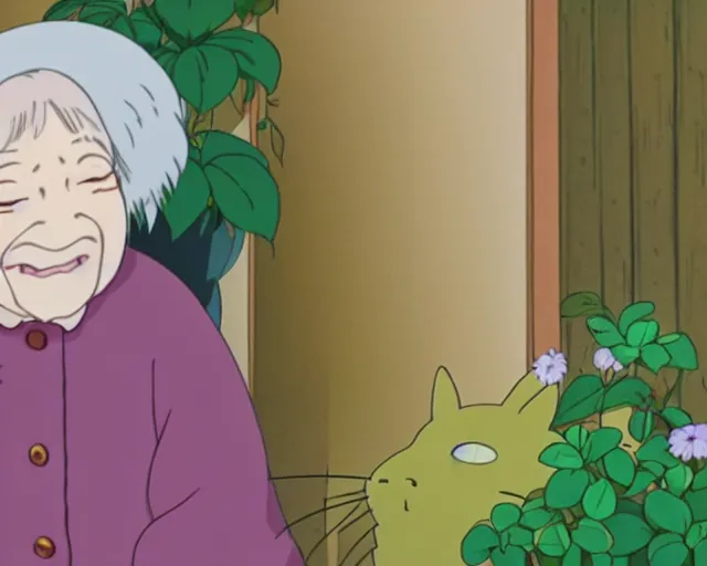 Prompt: fine details portrait of a joyful old lady and her plant cat, by Studio Ghibli. 8k, sharp high quality