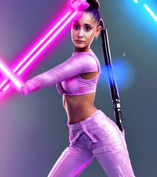 Image similar to A hyper realistic photo of Ariana Grande in the Star Wars universe with two pink lightsabers held in each hand. Maximum detail on artstation, photo realism, vivd details, vivd colour, volumetric lighting