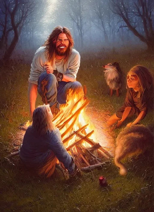 Image similar to highly detailed portrait of long - haired hillbilly around a bonfire with his fluffy australian shepherd, blonde hair, stephen bliss, art by greg rutkowski, loish, rhads, ferdinand knab, makoto shinkai and lois van baarle, artgerm, pixar, ilya kuvshinov, rossdraws, tom bagshaw, global illumination