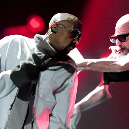 Image similar to Walter White performing alongside Kanye West at the Yeezus Tour