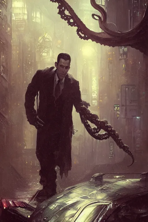 Image similar to , h p lovecraft with octopus tentacles hyperrealistic portrait, bladerunner street, art of elysium by jeremy mann and alphonse mucha and greg rutkowski, fantasy art, photo realistic, dynamic lighting, artstation, poster, volumetric lighting, very detailed face, 4 k, award winning