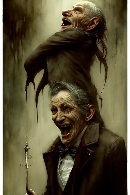 Prompt: old male vampire | esoteric symbolism | jean - baptiste monge, esao andrews, bastien lecouffe - deharme, tim jacobus, ken currie | ultra - detailed realism, soft cinematic lighting, hi - fructose, artstation, high - quality, ink watercolors wes anderson poster art