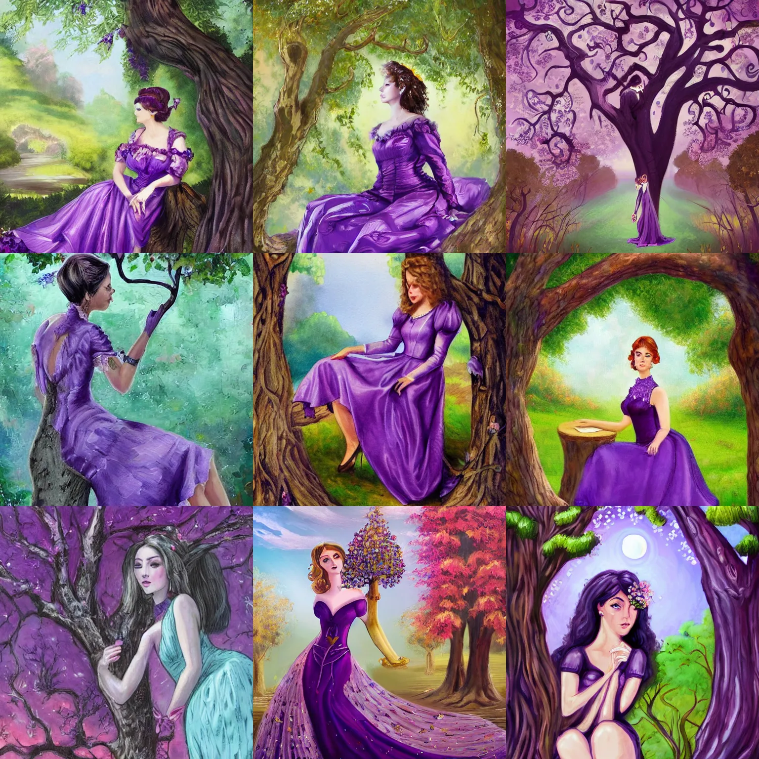 Prompt: fancy lady in purple dress sitting in a tree, fantasy art