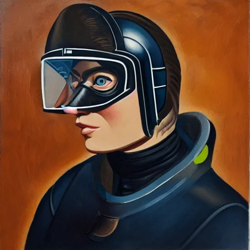 Prompt: square - jawed emotionless serious blonde woman starship engineer, tribal tattoos, handsome, short slicked - back hair, sweating, uncomfortable and anxious, looking distracted and awkward, wearing victorian dark goggles, flight suit and gloves, small spacecraft in background, highly detailed, oil painting