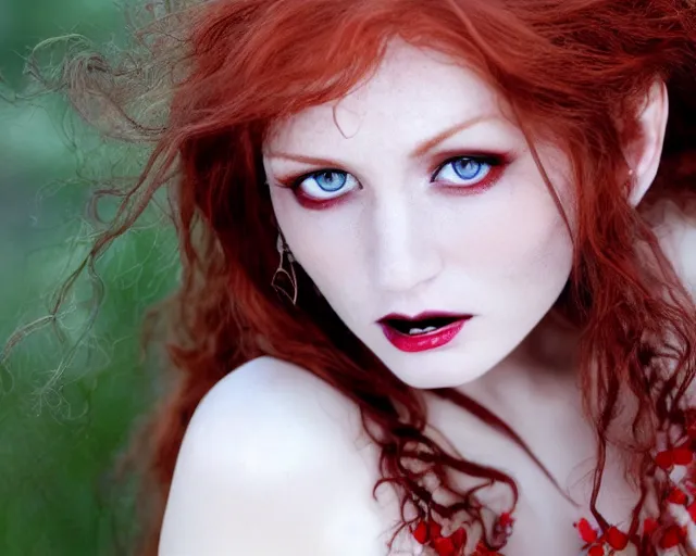 Image similar to award winning 5 5 mm close up face portrait photo of an anesthetic and beautiful redhead vampire lady who looks directly at the camera with bloodred wavy hair, intricate eyes that look like gems and long sharp fangs, in a park by luis royo. rule of thirds.