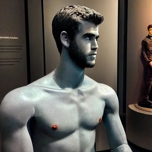 Image similar to “a realistic detailed photo of a guy who is an attractive humanoid who is half robot and half humanoid, who is a male android, actor Liam Hemsworth, shiny skin, posing like a statue, blank stare, at the museum, on display”