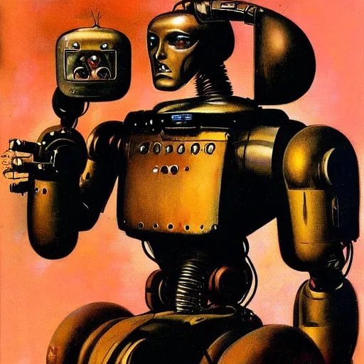 Image similar to portrait of a robot by frank frazetta