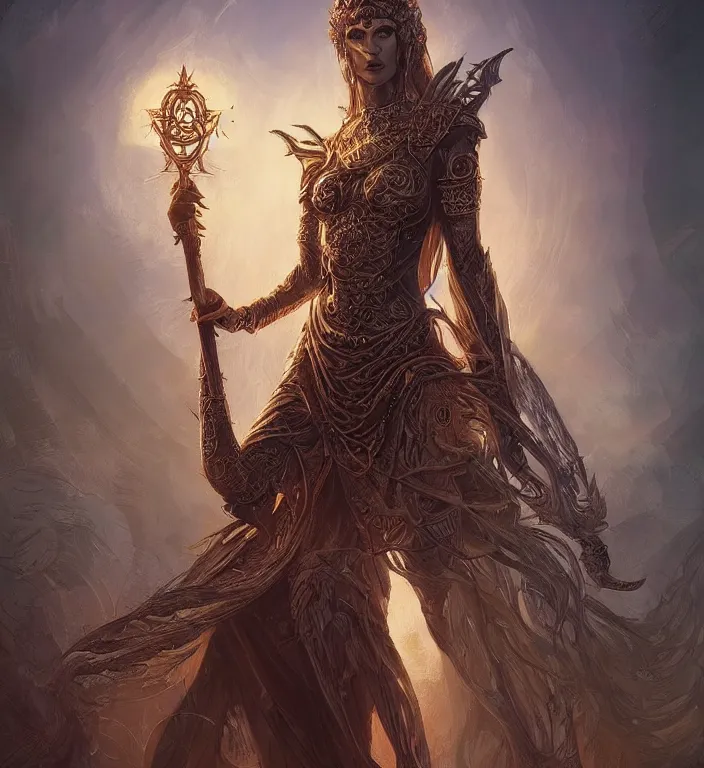 Image similar to unreal engine render of, centered Intricate portrait of a goddess, tarot card, dark souls colour scheme, luminal, smooth, coherent, high detailed, kerem beyit, Karol Bak, Chris Cold, james gurney, dan mumford, featured on artstation, instagram HD, unreal engine