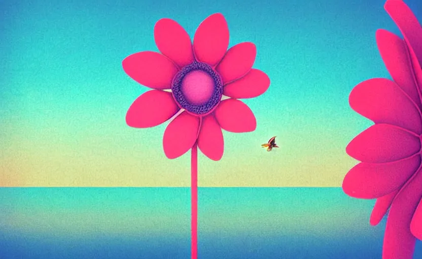 Image similar to one single stand alone huge hyperdetailed minimalist flower, seen from the long distance. by the sea. maximalist unexpected elements. free sky in plain natural warm tones. 8 x 1 6 k hd mixed media 3 d collage in the style of a childrenbook illustration in pastel tones. matte matte background. no frame hd