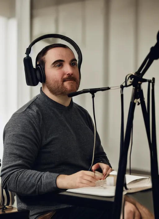 Image similar to photograph of saint thomas aquinas recording a podcast wearing headphones 8k UHD detailed 85mm CANON EOS