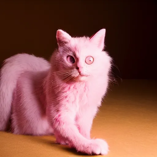 Image similar to cute pink cat fursuiter at a furry convention, realistic photograph, cinematic lens, studio lighting, indoors