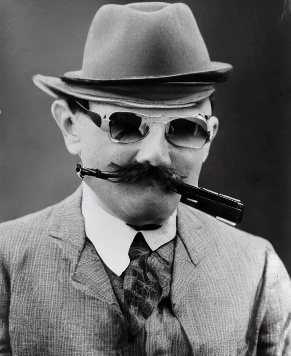 Prompt: a vintage photo medium shot of a middle - aged man with a moustache wearing a fedora hat and sunglasses. he is holding one single revolver gun. very coherent.