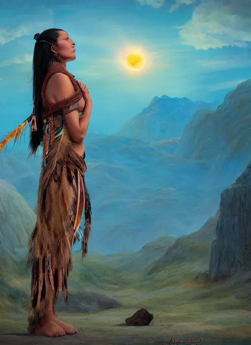 Image similar to indigenous woman starring at the sky, with arms up, praying at the sun, matte painting, fantasy art