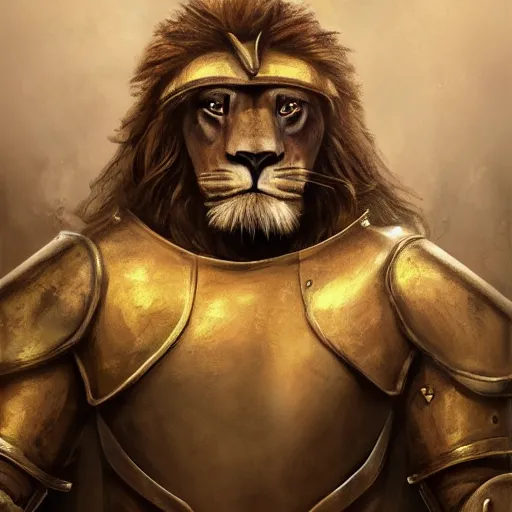 Prompt: a award winning commission photograph of an anthropomorphic lion with human features wearing a golden knight armor, digital art, character concept, highly detailed, deviantart, artstation, beautiful, photorealistic, imagination, fantasy, dramatic