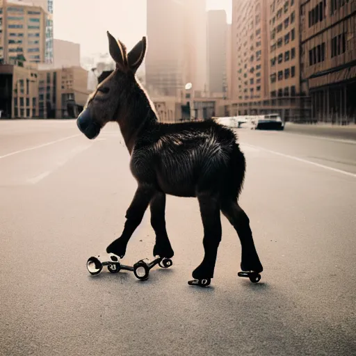 Image similar to portrait of a piping hot donkey on rollerskates, canon eos r 3, f / 1. 4, iso 2 0 0, 1 / 1 6 0 s, 8 k, raw, unedited, symmetrical balance, wide angle