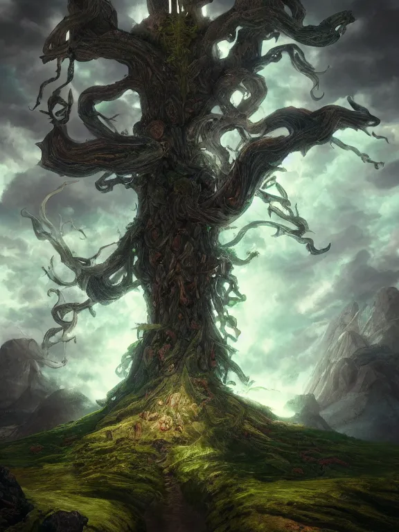 Image similar to tall yggdrasil, tall tree, fantasy art, warhammer fantasy setting, clouds detailed, digital art, wallpaper, fantastically beautiful, artstation, 8 k