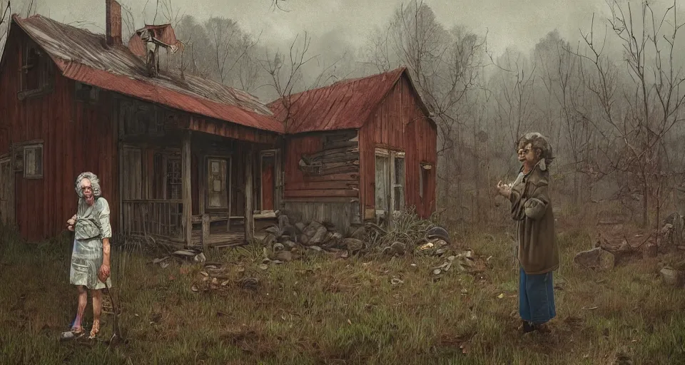 Image similar to single character, ugly old woman with sinister face standing outside old cabin, portrait, dirty clothes, forrest in the background, utopian looking, 80s, moody, hyperrealistic, detailed face, in the style of Simon Stalenhag