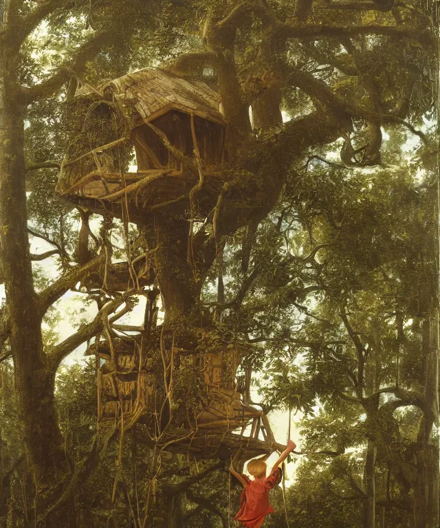 Image similar to masterful oil on canvas painting, eye - level view, shot from 5 0 feet distance, of a kid playing in a treehouse. in the background is a whimsical sparse forest. by ambrosius benson and gerald brom. golden hour, detailed, depth, volume, chiaroscuro, quiet intensity, vivid color palette.