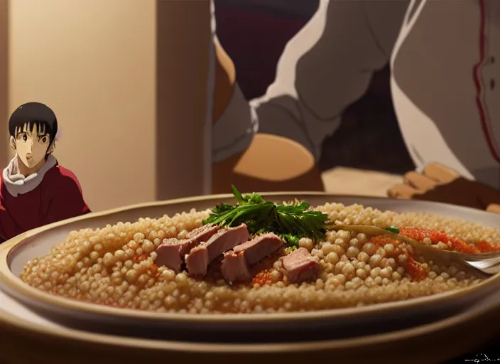 Prompt: a film still portrait of a tunisian couscous with meat, finely detailed features, closeup at the food, perfect art, at a dinner table, gapmoe yandere grimdark, trending on pixiv fanbox, painted by greg rutkowski makoto shinkai takashi takeuchi studio ghibli, akihiko yoshida