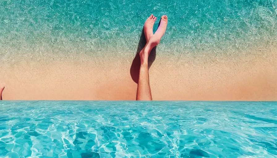 Prompt: first person view from a man lounging on a beautiful tropical beach with a stunning turquoise ocean in the background. his legs stretch out in front of the camera, photorealistic