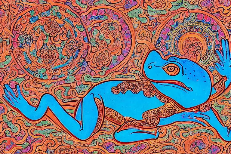 Image similar to buddhist art style illustration of a blue frog with 4 hands, flames, water, flowers, dragons, skeletons