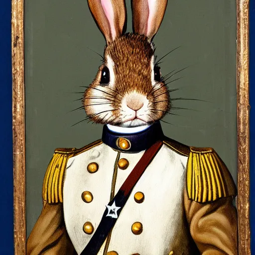 Image similar to a painting of a rabbit wearing Continental Army Uniform of an officer