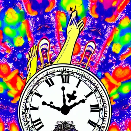 Prompt: a hand reaching from underneath, alice in wonderland clock background, psychedelic