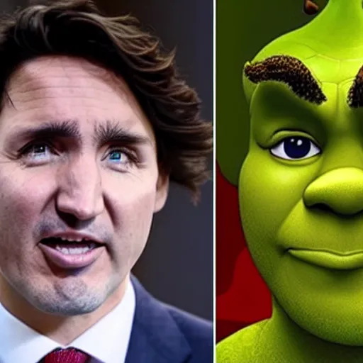 Prompt: justin trudeau cosplaying as shrek, 7 2 0 p, realistic, controversial photo