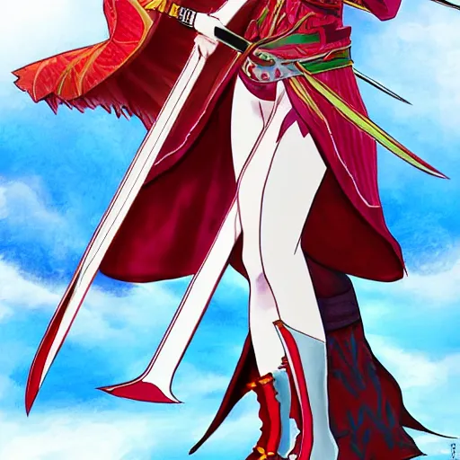 Prompt: D&D character concept. Elf female, with white long hair, red eyes, pale skin, in spandex and a kimono over it wielding a katana. Anime fantasy art style