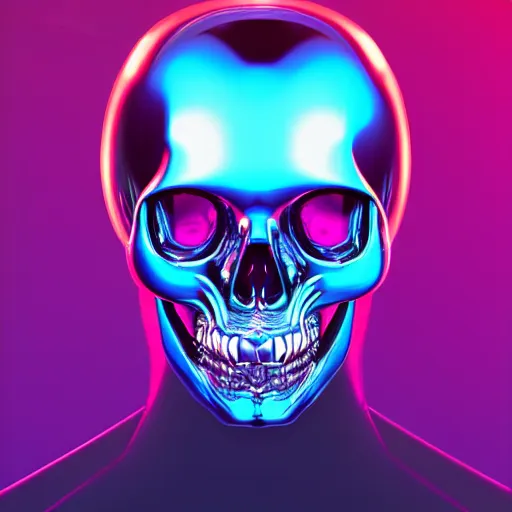 Image similar to portrait of a glossy black robot skull head, blue and pink highlights, glowing eyes, digital art, artstation