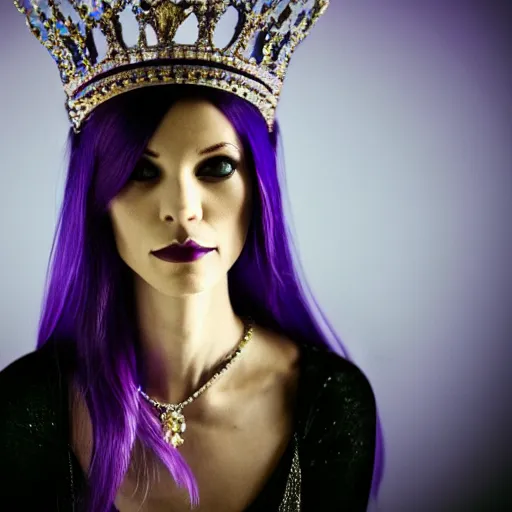 Prompt: A photo of a skinny evil princess woman with light-purple hair wearing a diamond crown, sitting in a throne in a dark room. Low light.